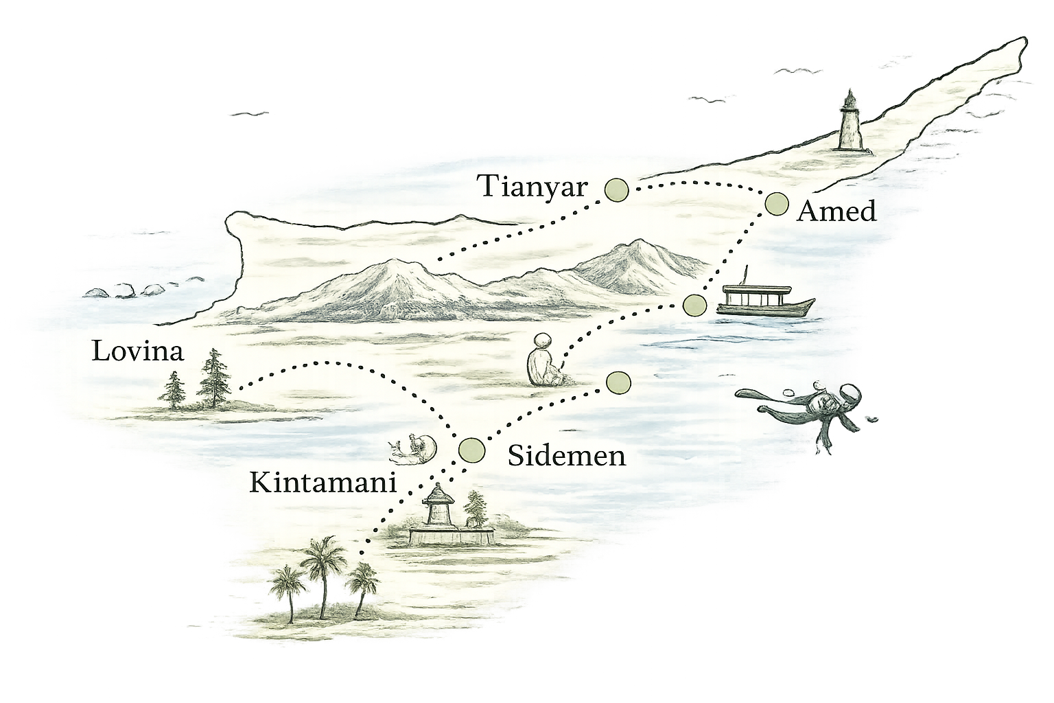 Illustrated map of North Bali showing Tianyar, Amed, Sidemen, Kintamani, and Lovina