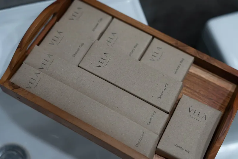 The welcome tray with VELA amenities in a tent bathroom