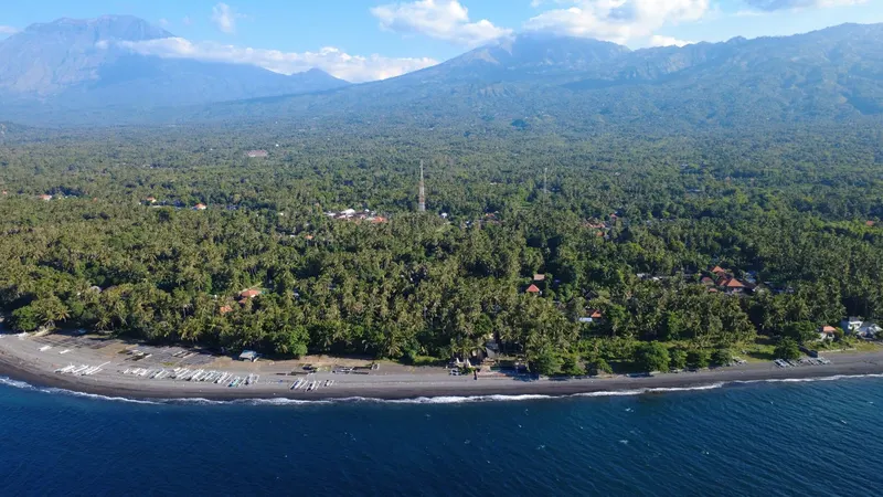 Aerial view of the curving pebble shore at Tianyar, fishing boats drawn up along the waterline, palm canopy and village houses inland.